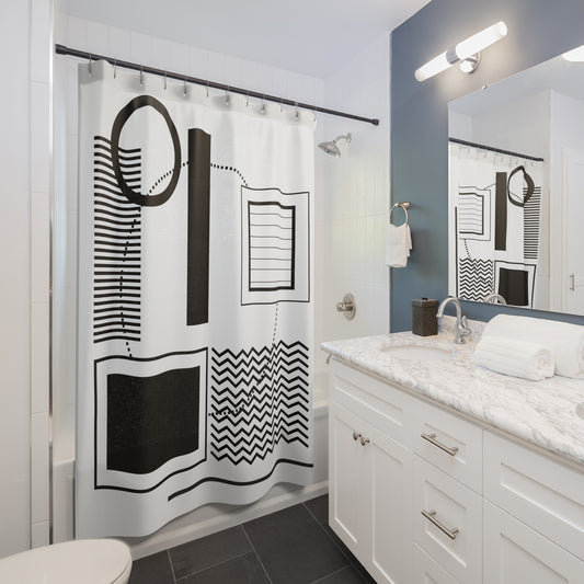 Architectural Geometric Shower Curtain – White Frame Pattern on Black