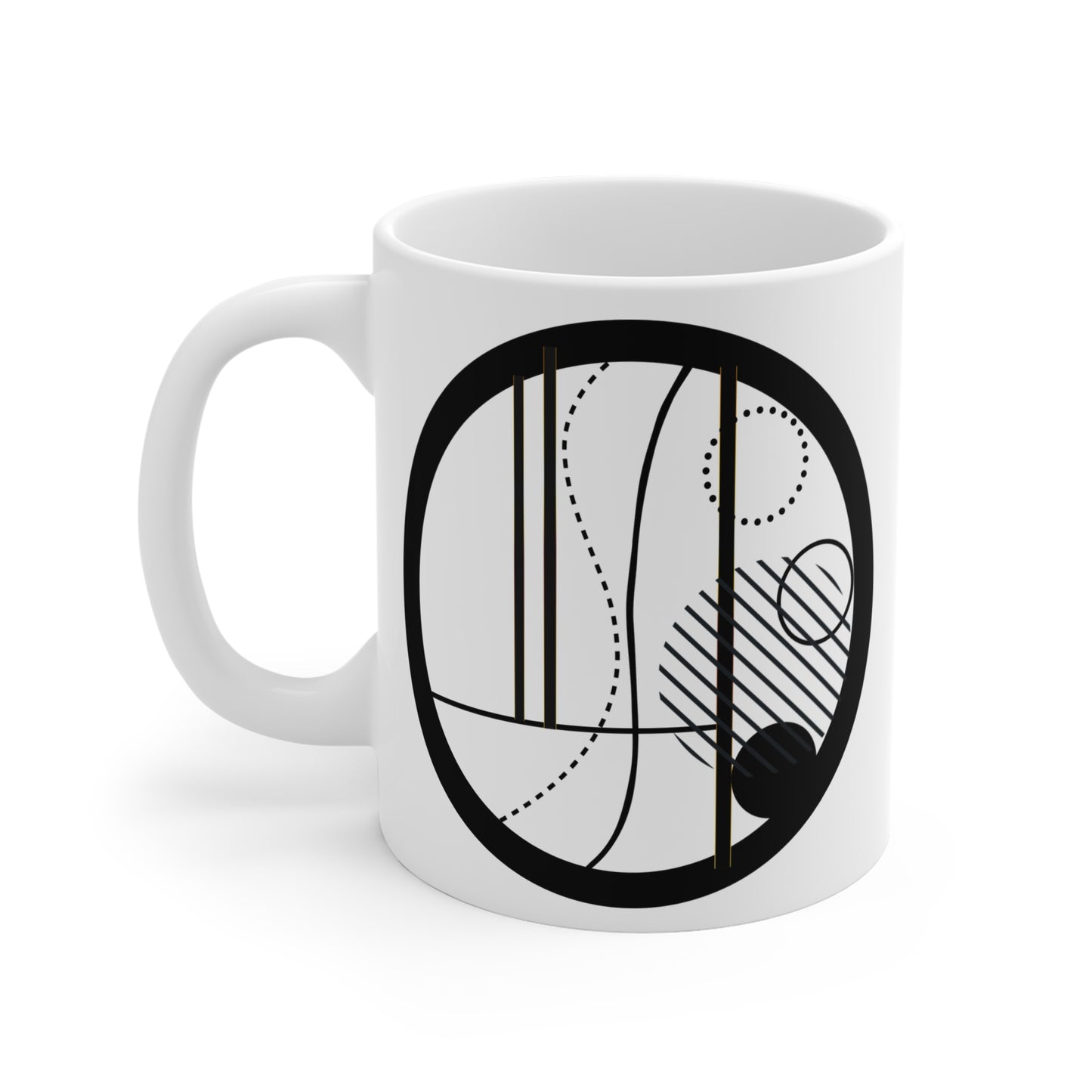 Abstract Oval Mug | 11oz Ceramic Coffee Mug | Black & White Line Art with Architectural Flair