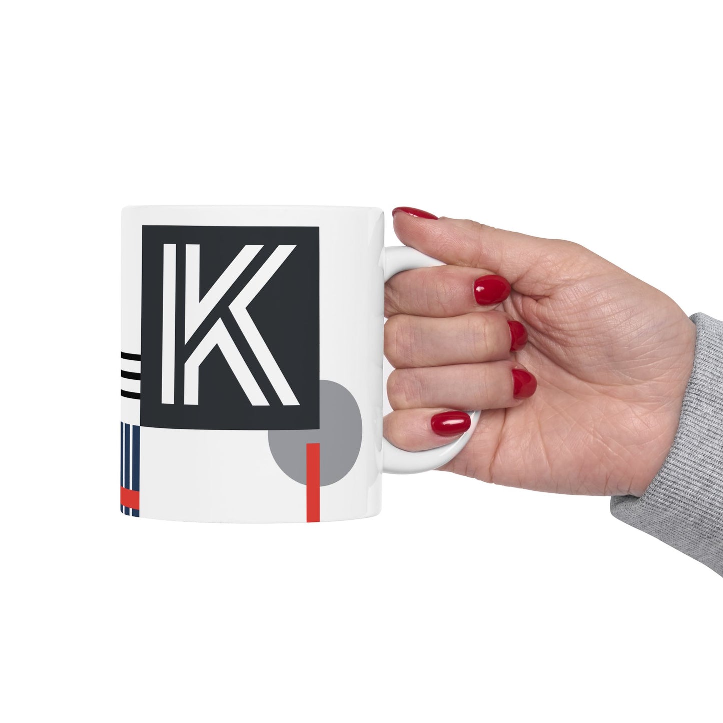 "K" Geometric Grid – Bauhaus Abstract Monogram Mug | 11 oz Mug