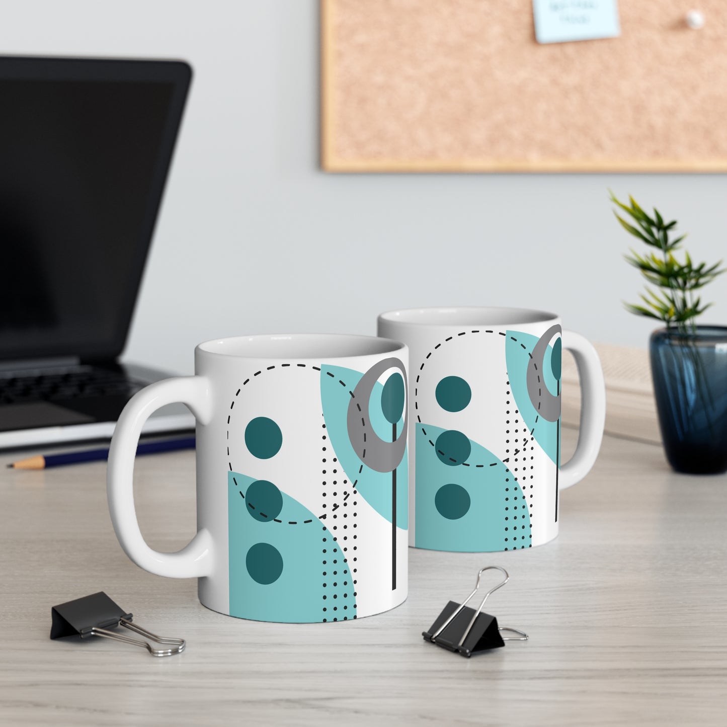 Abstract Botanical Geometry Mug – Teal, Blue & Gray Modern Art