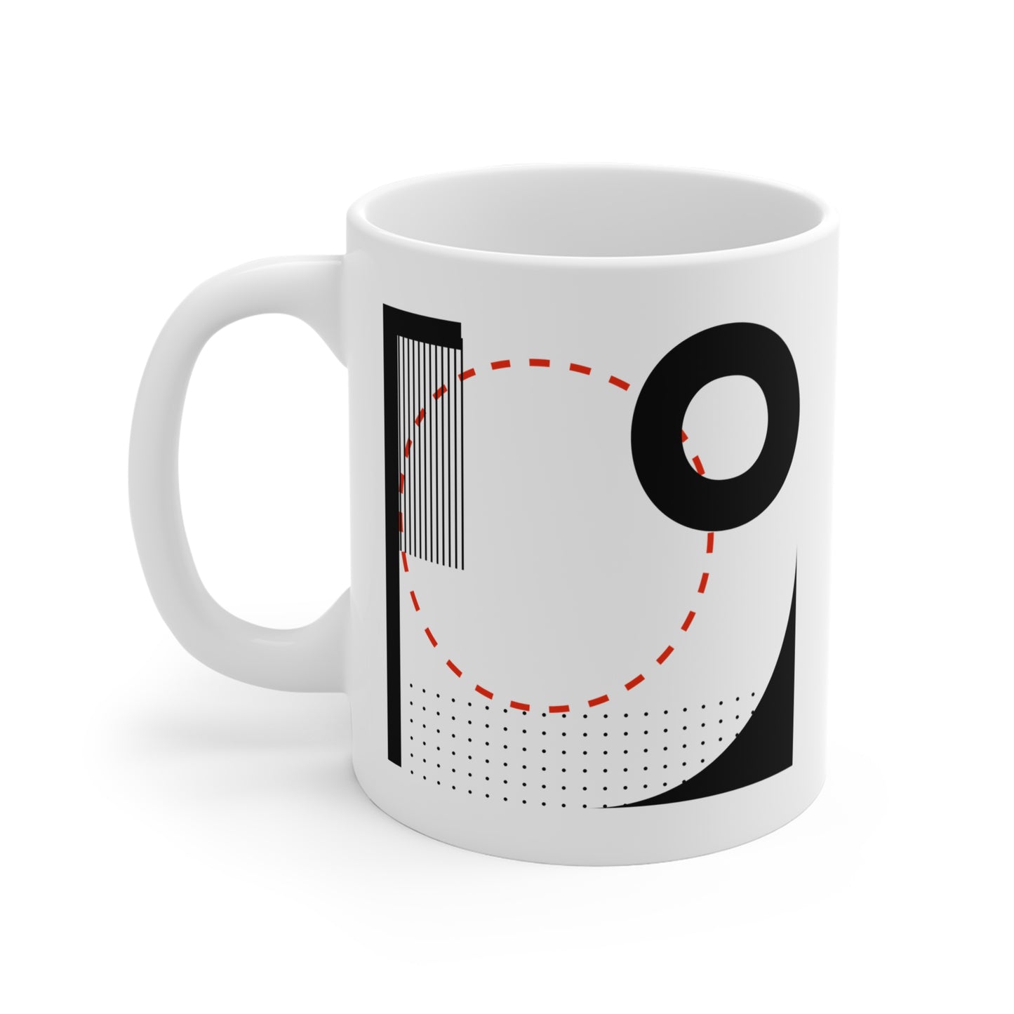 Red Dotted Circle Mug | 11oz Ceramic Coffee Mug | Bold Black & Red Abstract Minimalist Design