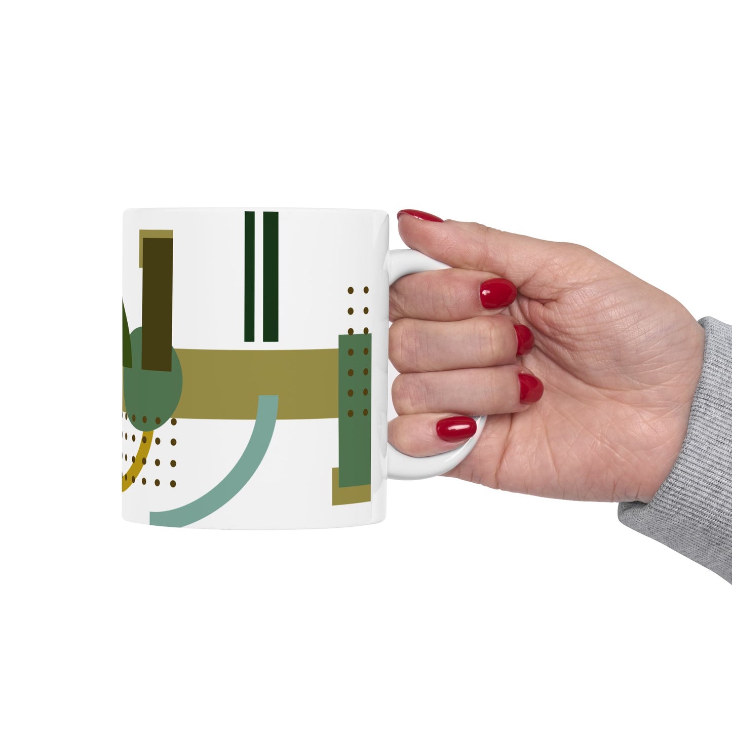 Dynamic Geometric Abstract Coffee Mug | Earthy Green & Gold Art Mug | Modern Curated Kitchenware | 11 oz Mug
