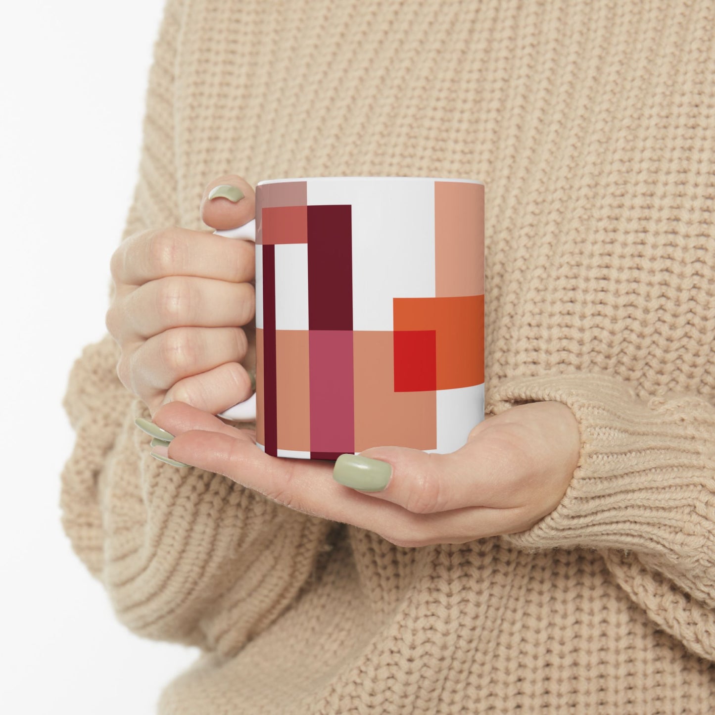 Crimson Geometry Mug – Abstract Blocks in Warm Tones | Mid-Century Kitchenware | 11 oz Mug