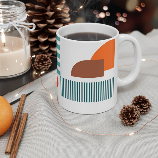 Playful Geometry Mug – Circles & Stripes in Teal & Orange | Mid-Century Kitchenware | 11 oz Mug