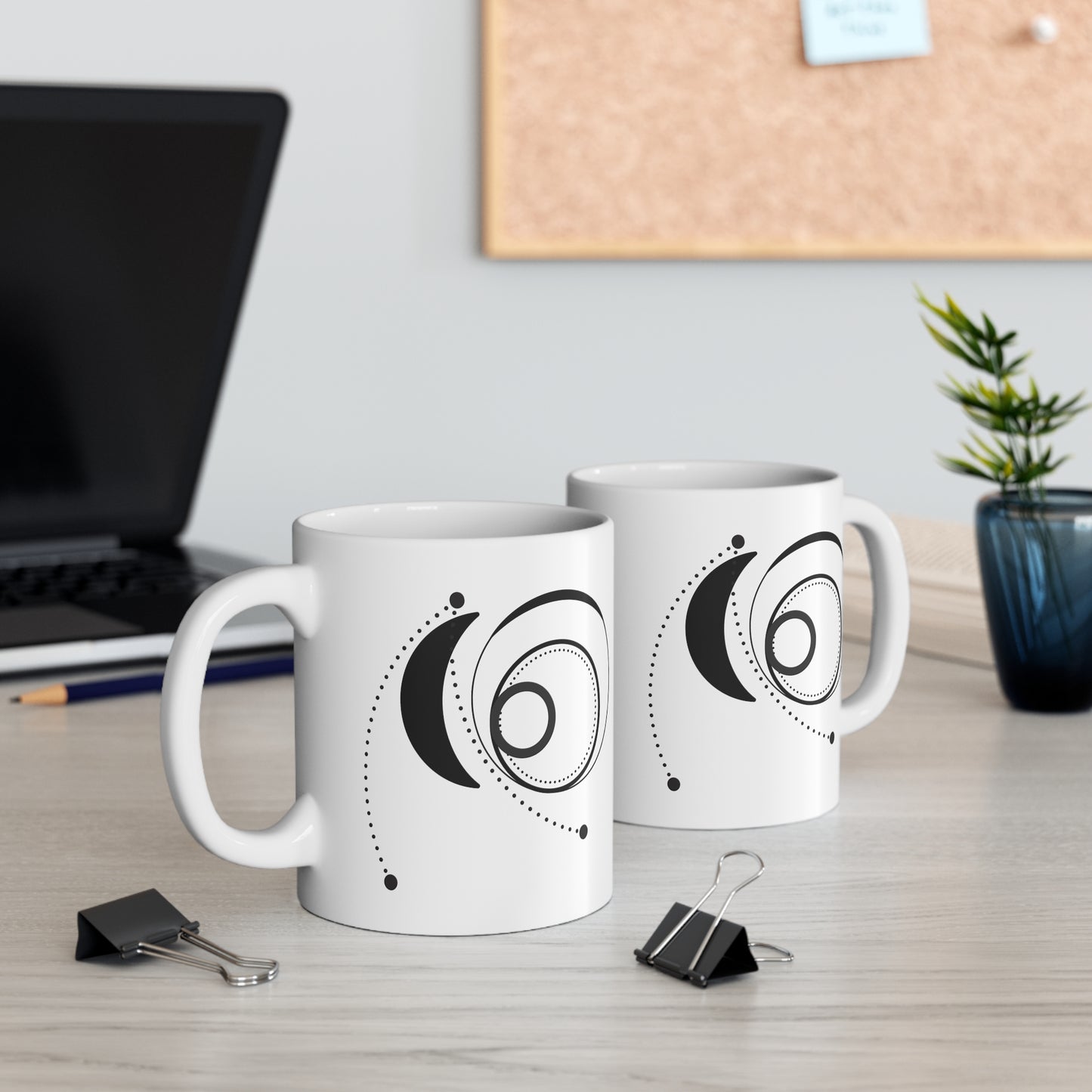 Orbital Path Mug | 11oz Ceramic Coffee Mug | Minimalist Black Abstract Design with Dotted Arcs