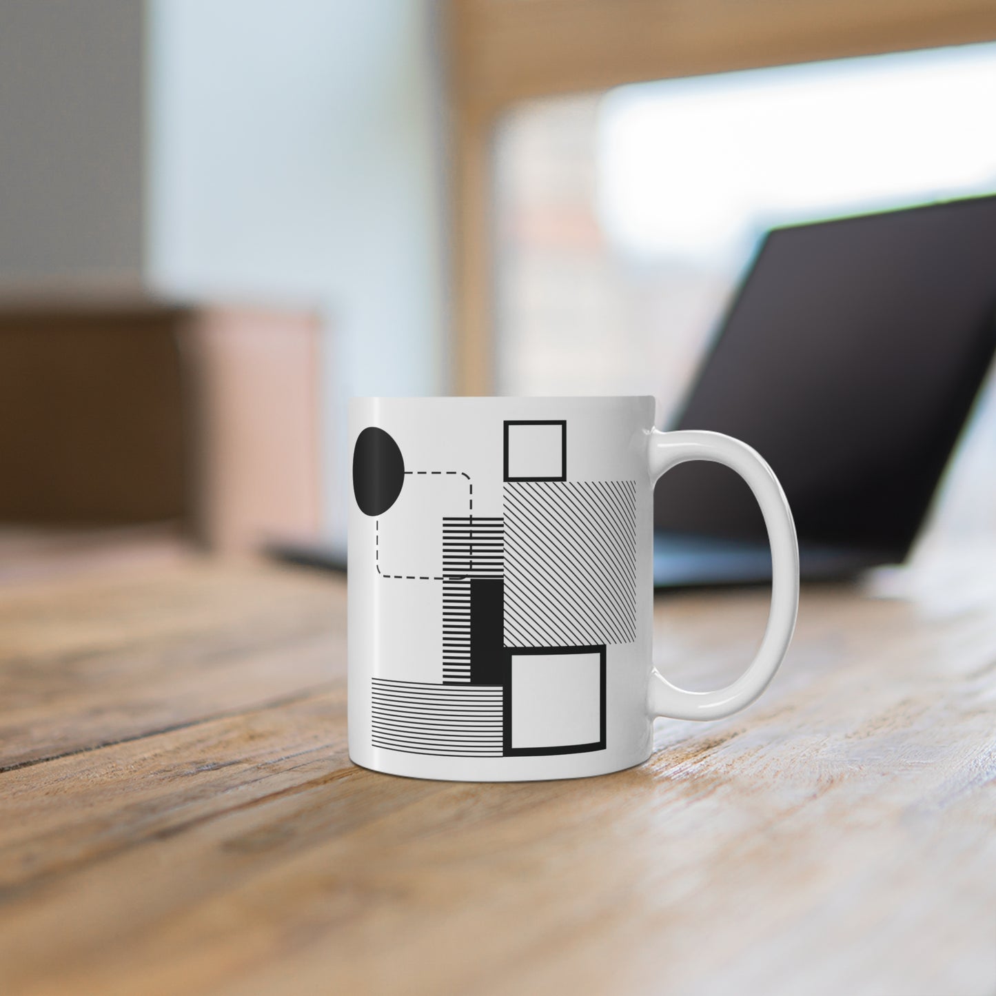 Black & White Geometric Mug | 11oz Ceramic Coffee Mug | Modern Abstract Architecture-Inspired Design