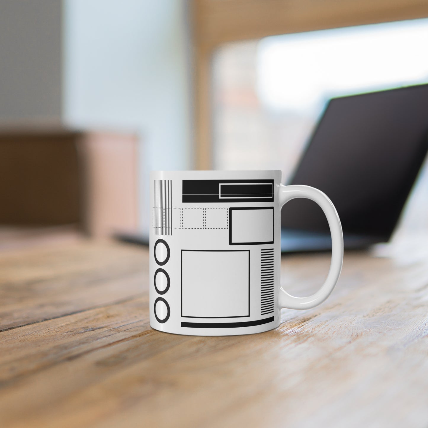 Modern Grid Mug | 11oz Ceramic Coffee Mug | Black & White Architectural Line Art Design