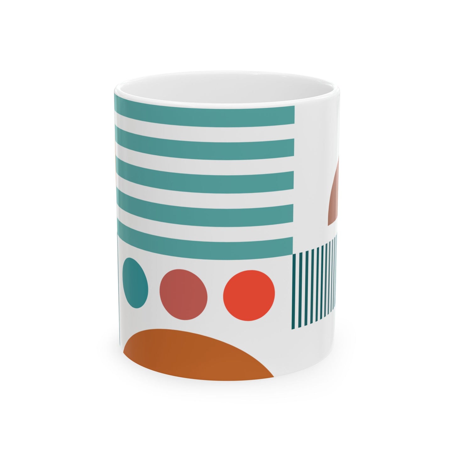 Playful Geometry Mug – Circles & Stripes in Teal & Orange | Mid-Century Kitchenware | 11 oz Mug