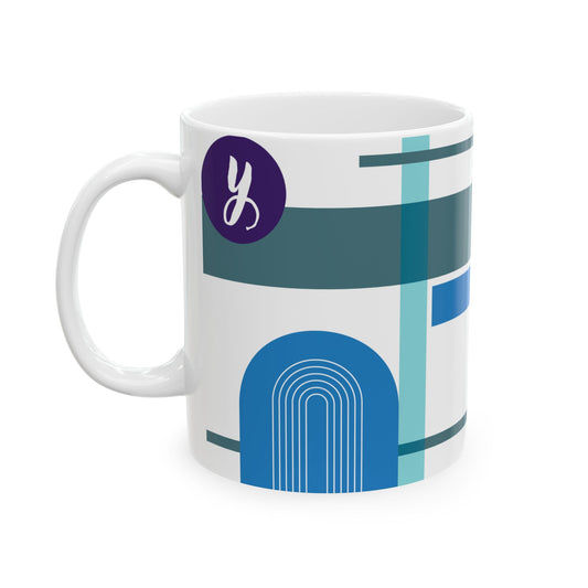"Y" Abstract Bauhaus Art, Mid-Century Teal & Navy Ceramic Coffee Cup | Modern Geometric Monogram Mug | 11 oz Mug