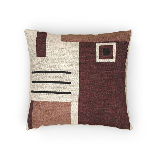 Shadow Grid Throw Pillow – Red, Brown & White Geometry on Black