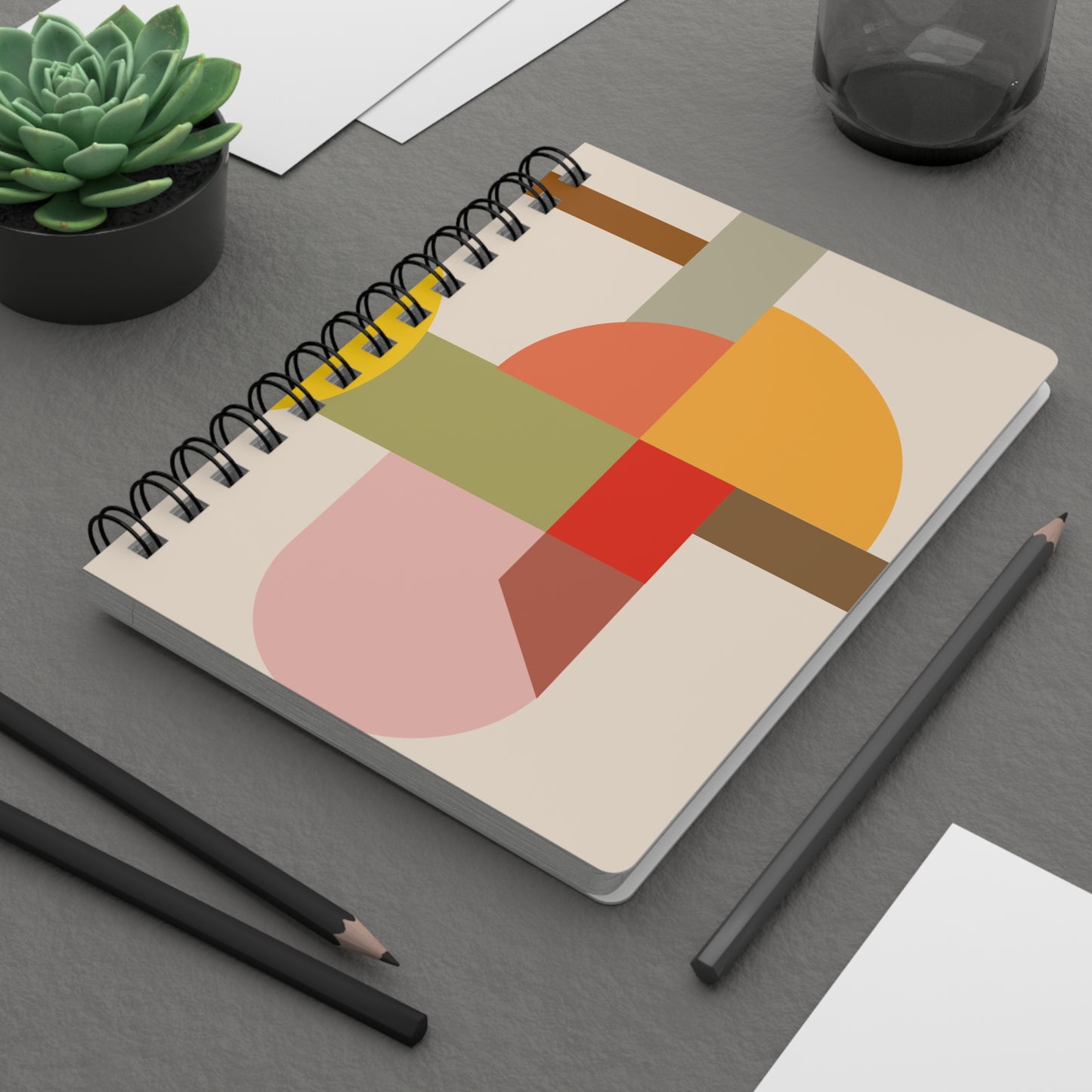 Artistic Geometric Abstract Spiral Notebook | Warm Tones Bauhaus Inspired Journal | Designer Stationery