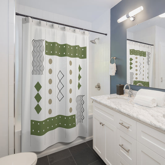 Earthy Modern Grid Shower Curtain – Olive, Taupe & Black Geometric Pattern