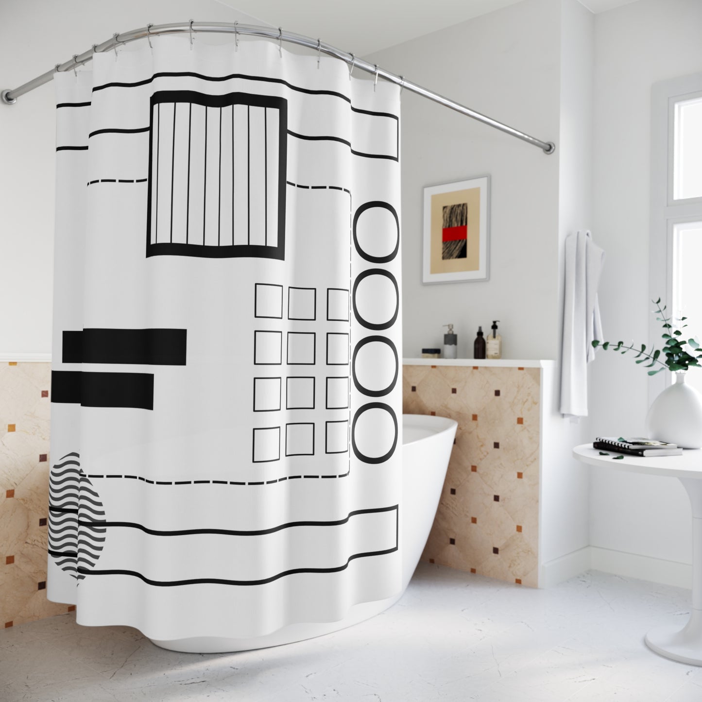 Minimalist Geometric Shower Curtain – Wavy Circle & Bar Grid Design