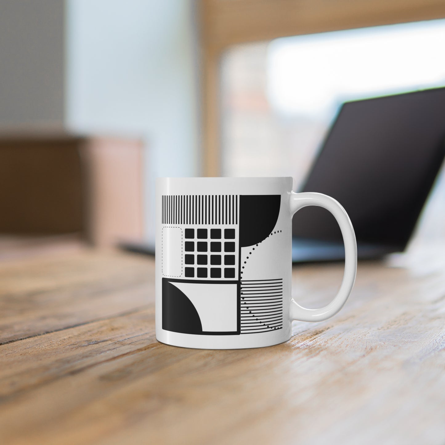 Architectural Line Stack Mug | 11oz Ceramic Coffee Mug | Minimalist Black & White Abstract Design