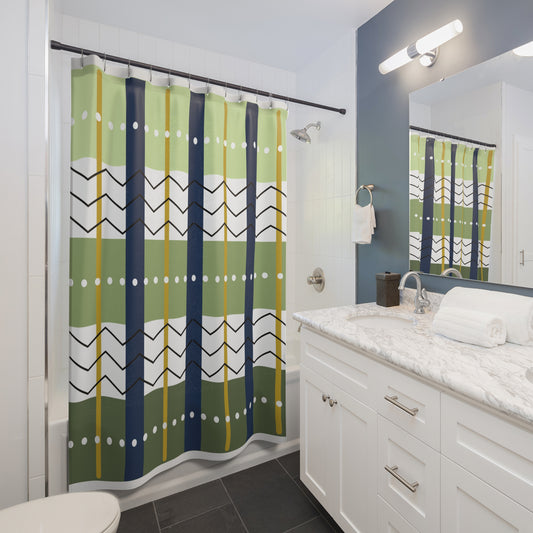 Modern Plaid-Inspired Shower Curtain – Navy, Olive & Gold Striped Grid