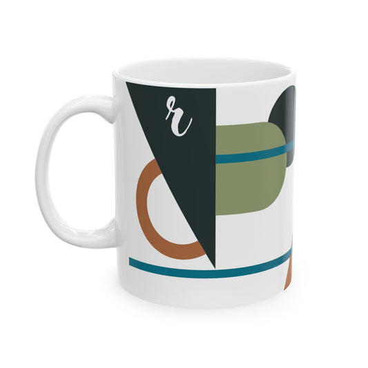 "R" Mid-Century Modern Geometry Mug – Abstract Monogram Bauhaus Design | 11 oz Mug