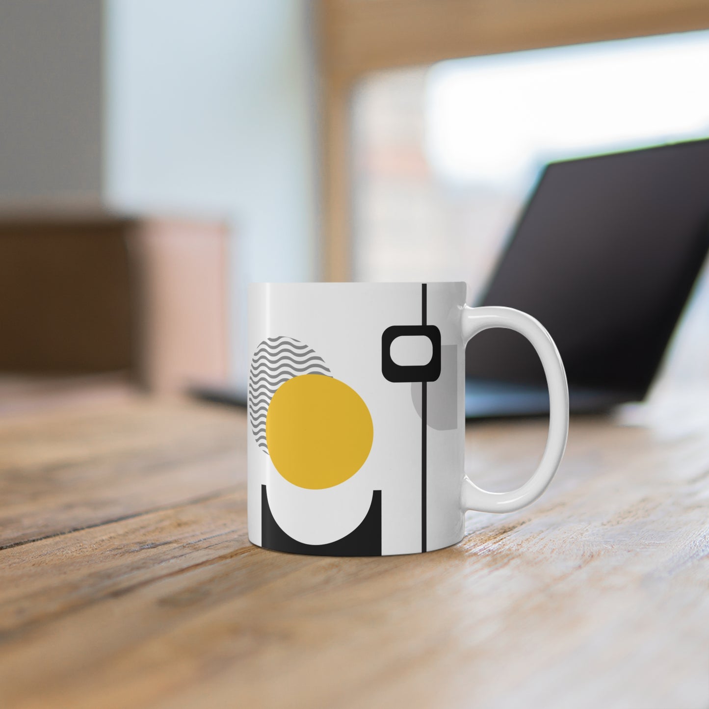 Abstract Layers Mug – Yellow, Gray & Black with Wavy Pattern