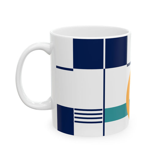 Abstract Balance Mug – Navy, Mustard & Teal Geometry | Mid-Century Kitchenware | 11 oz Mug