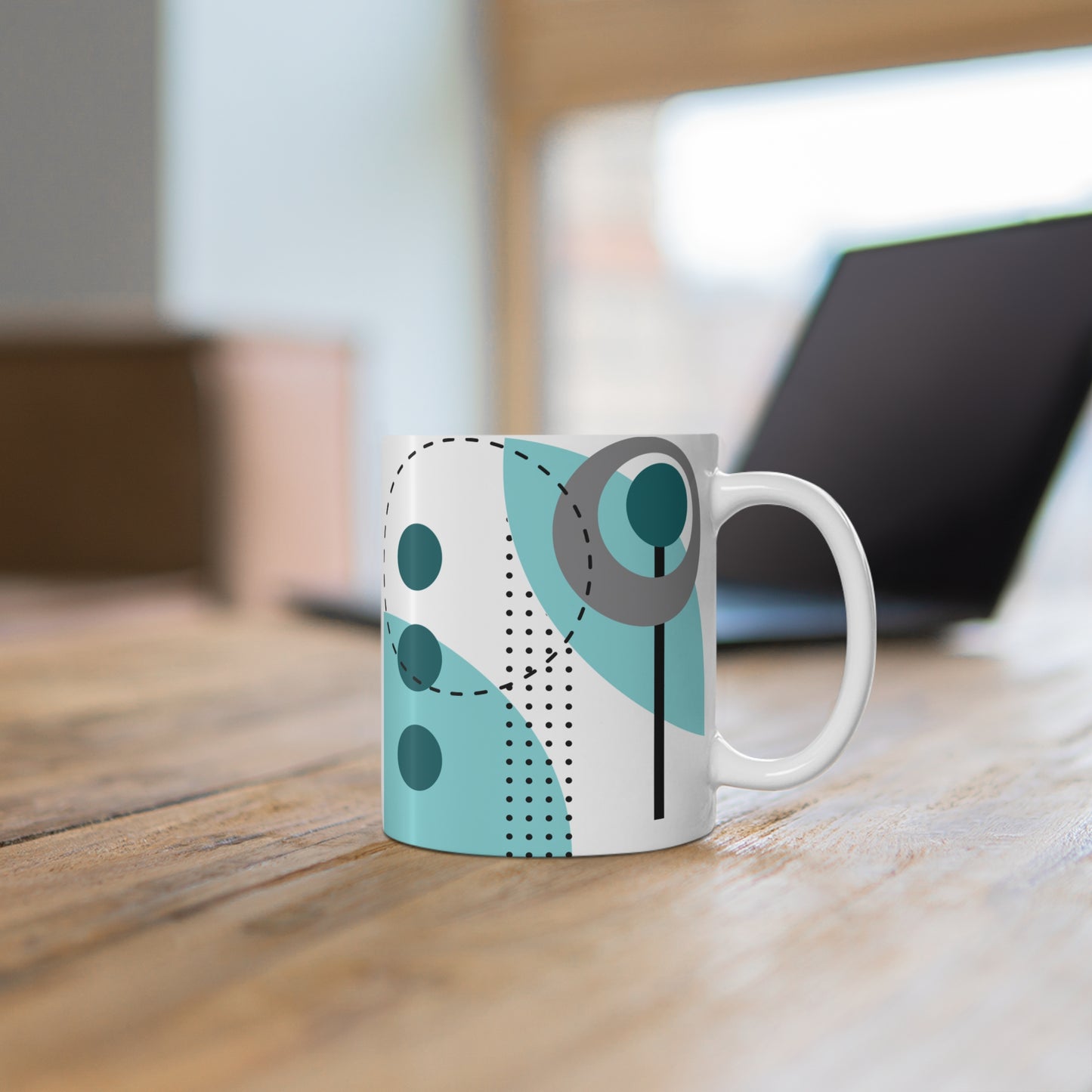 Abstract Botanical Geometry Mug – Teal, Blue & Gray Modern Art