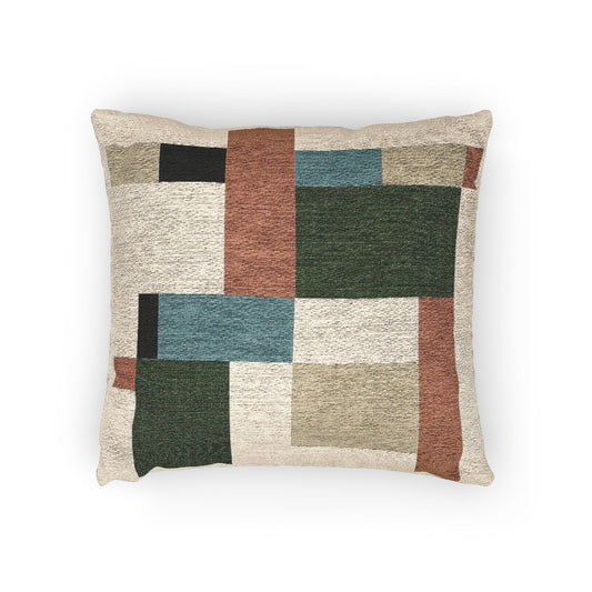 “Patch Current” – Abstract Geometric Throw Pillow in Orange, Blue & Neutral Tones