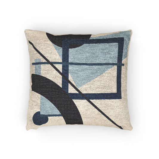 Blue Constructs Throw Pillow – Arcs, Frames & Diagonals in Monochrome Geometry
