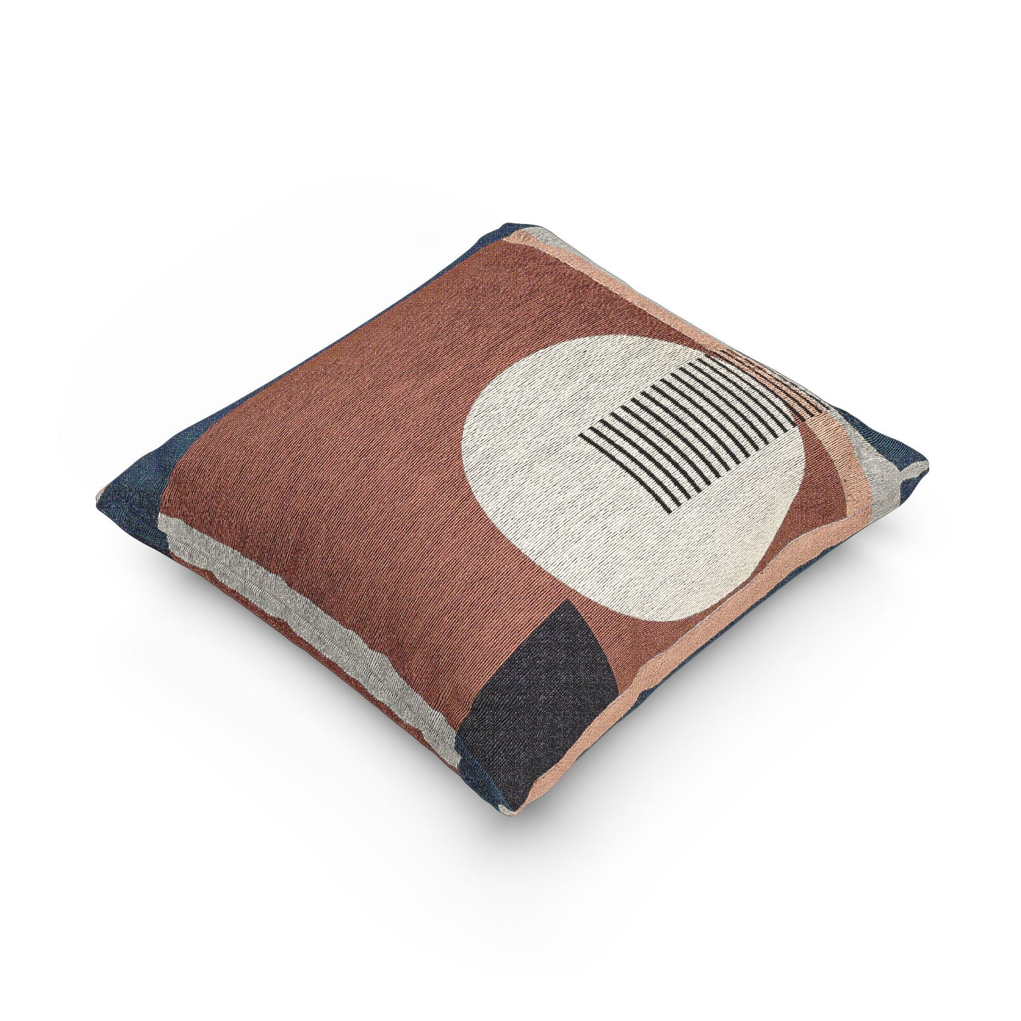 Modern Abstract Throw Pillow | Bauhaus-Inspired Circle & Stripes Cushion | Terra Cotta & Denim Decor