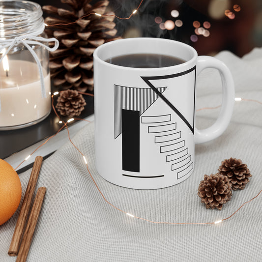 Architectural Abstract Mug | 11oz Ceramic Coffee Mug | Black & White Modern Staircase Design