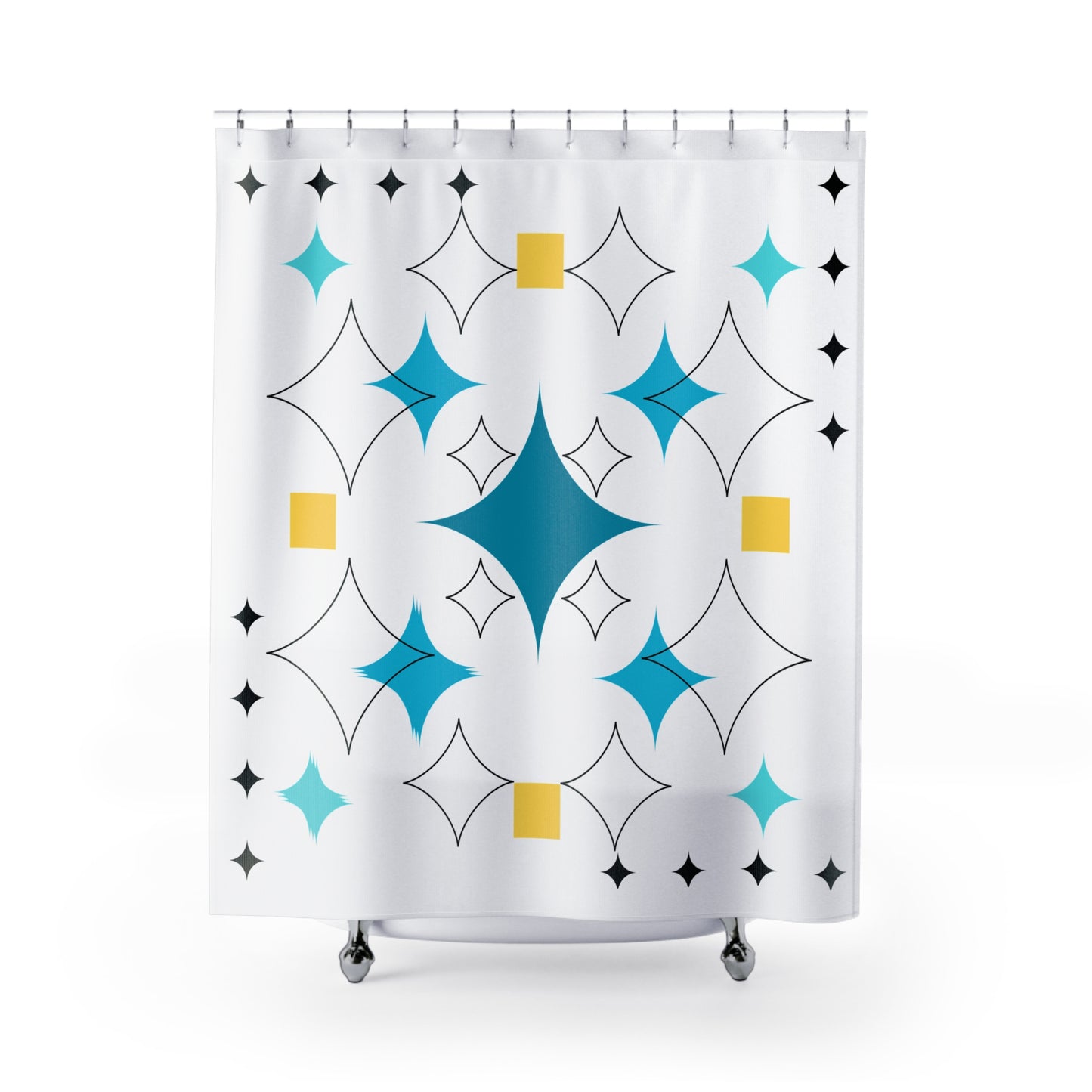 Retro Starburst Shower Curtain – Teal, Yellow & Black Mid-Century Pop