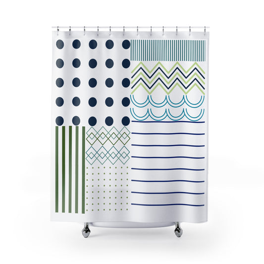 Bold Pattern Block Shower Curtain – Navy, Olive & Teal Abstract Grid