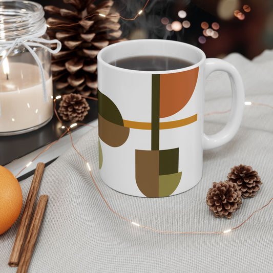 Earthy Geometric Abstract Coffee Mug | Olive Green & Terracotta Art Mug | Mid-Century Kitchenware | 11 oz Mug