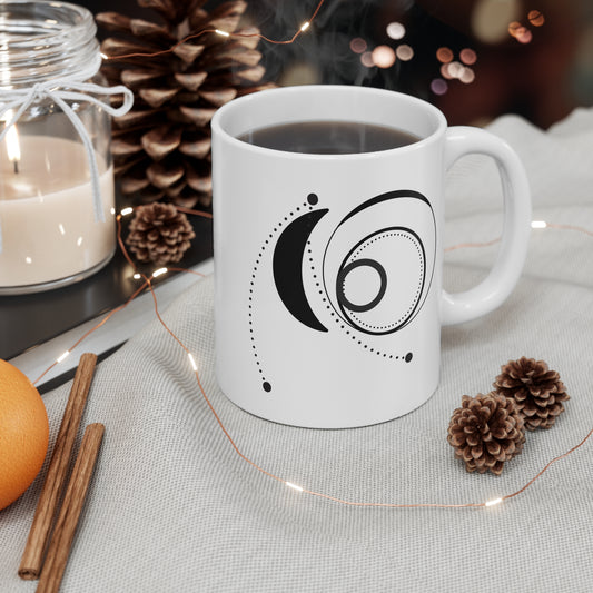 Orbital Path Mug | 11oz Ceramic Coffee Mug | Minimalist Black Abstract Design with Dotted Arcs