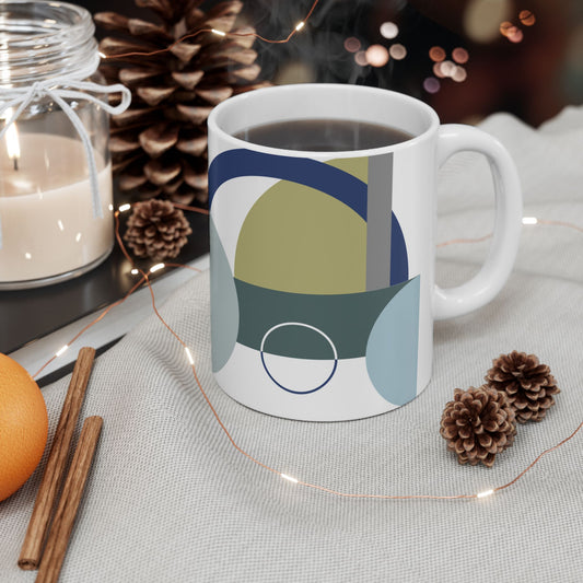 Modern Circular Abstract Mug | Navy Blue & Sage Geometric Coffee Cup | Contemporary Art Designer Tea Mug | Cool Tone Minimalist Decor | Mid-Century Kitchenware | 11 oz Mug