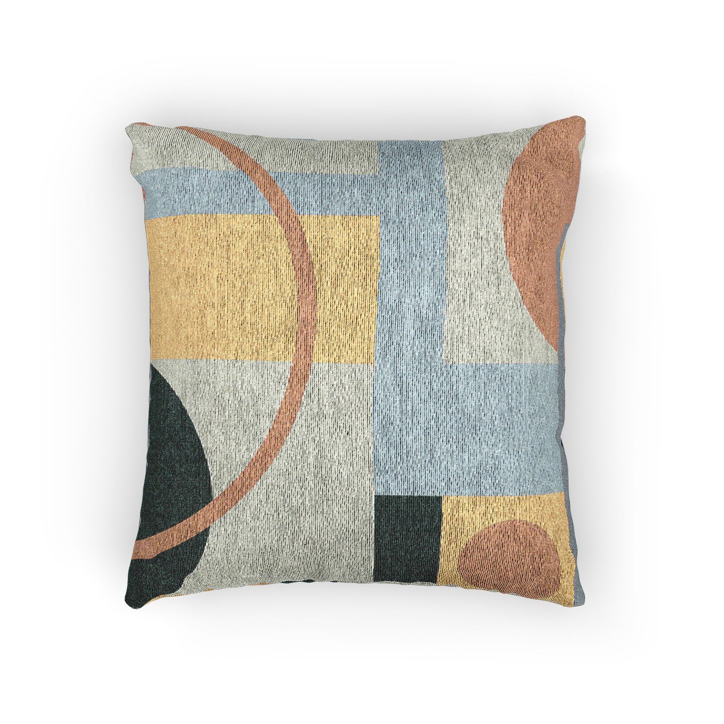 Minimalist Woven Geometric Throw Pillow | Abstract Mid-Century Circles & Squares Cushion | Soft Blue & Gold Decor