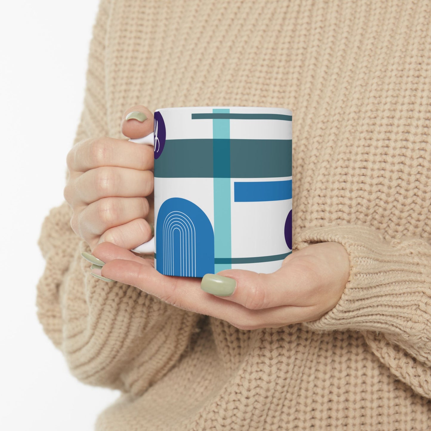 "Y" Abstract Bauhaus Art, Mid-Century Teal & Navy Ceramic Coffee Cup | Modern Geometric Monogram Mug | 11 oz Mug