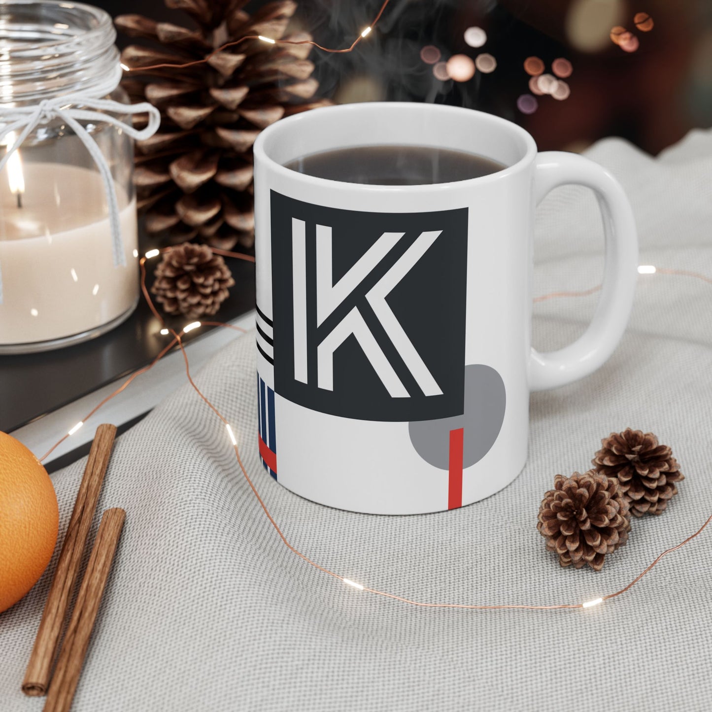"K" Geometric Grid – Bauhaus Abstract Monogram Mug | 11 oz Mug