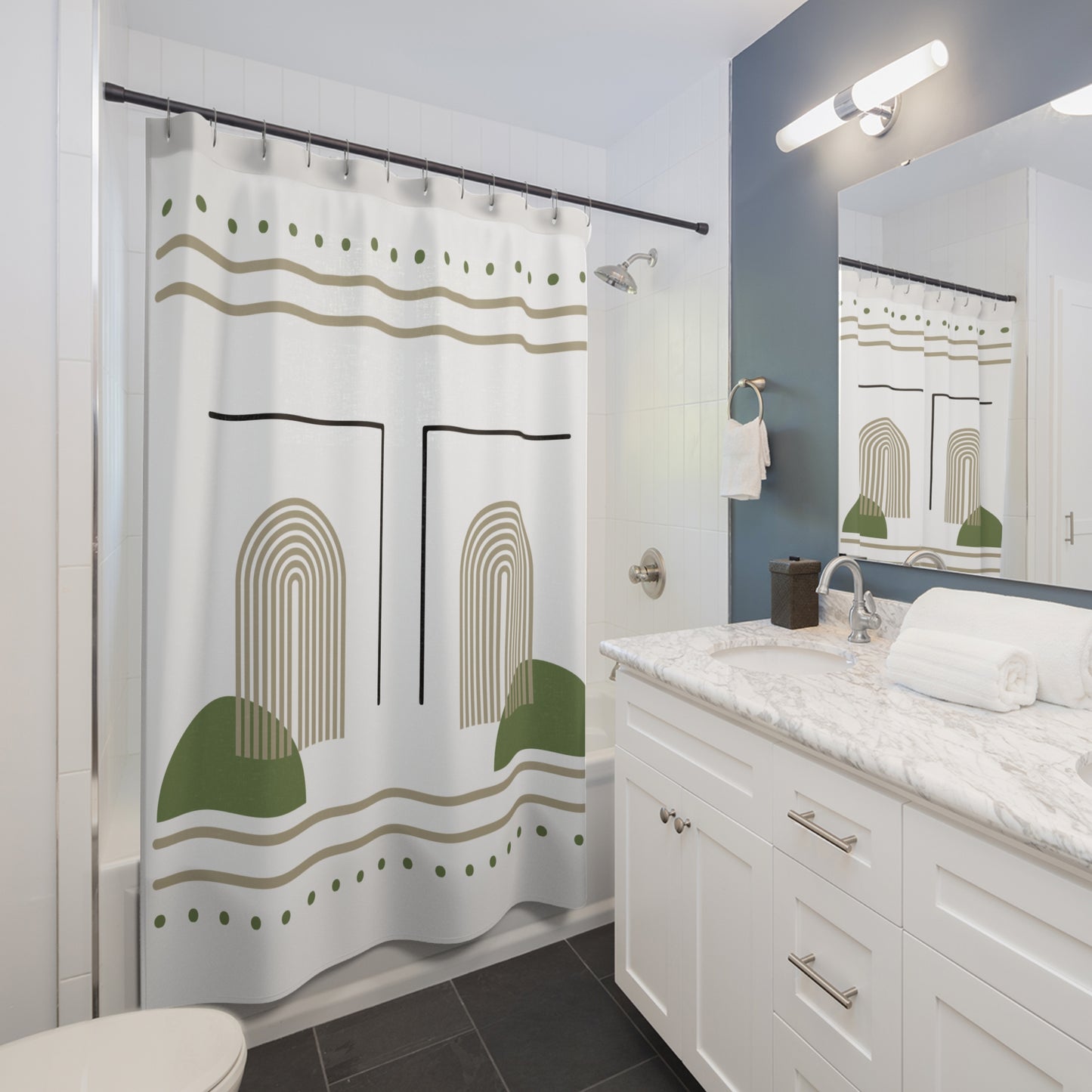 Arched Earth Modern Shower Curtain – Sage Green & Sand on Black