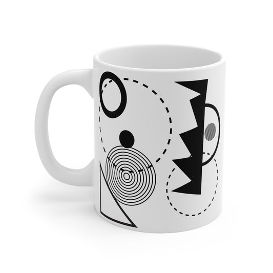 Playful Abstract Shapes Mug | 11oz Ceramic Coffee Mug | Black & White Modern Geometric Design