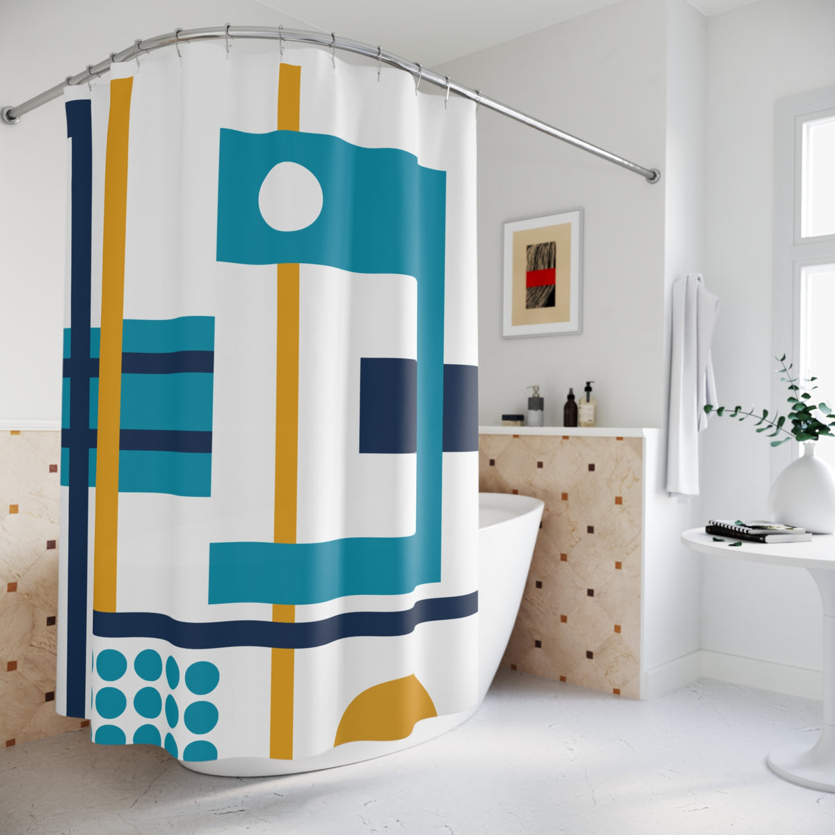 Grid Rhythm Shower Curtain – Teal, Mustard & Navy Geometry