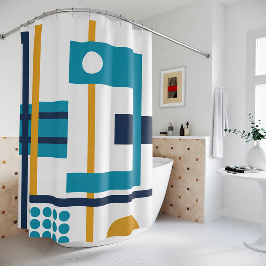 Grid Rhythm Shower Curtain – Teal, Mustard & Navy Geometry
