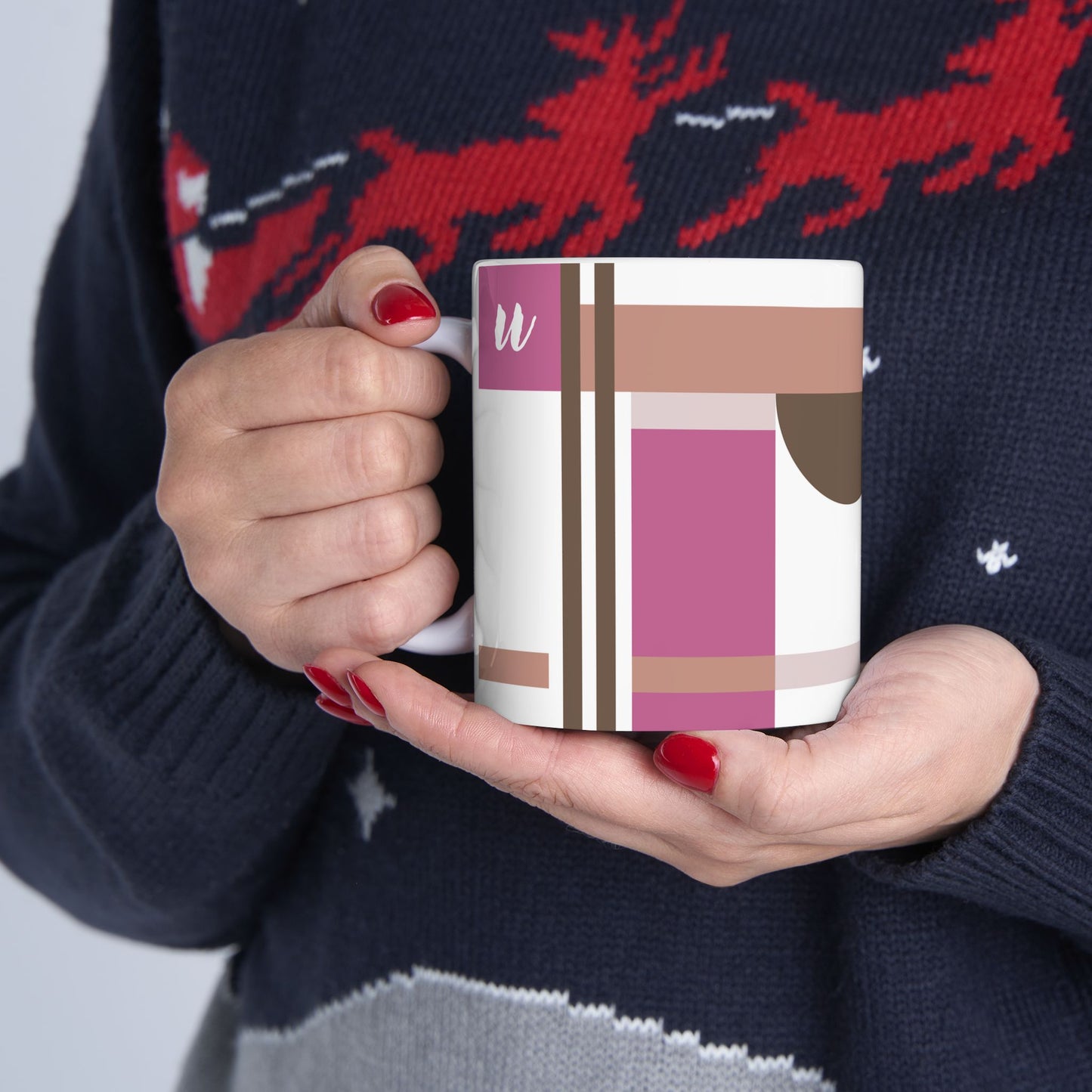 "U" Geometric Monogram Mug – Mod Pink & Taupe Bauhaus Design | 11 oz Mug
