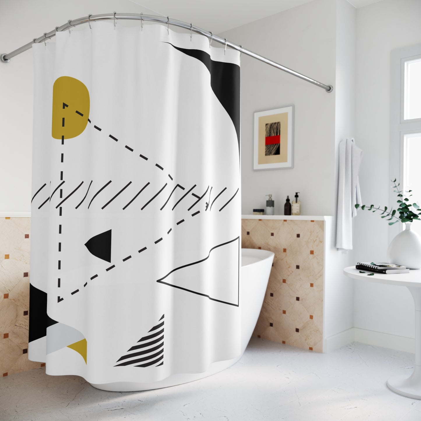 Geometric Abstract Shower Curtain – Black, White & Gold Minimalist Art