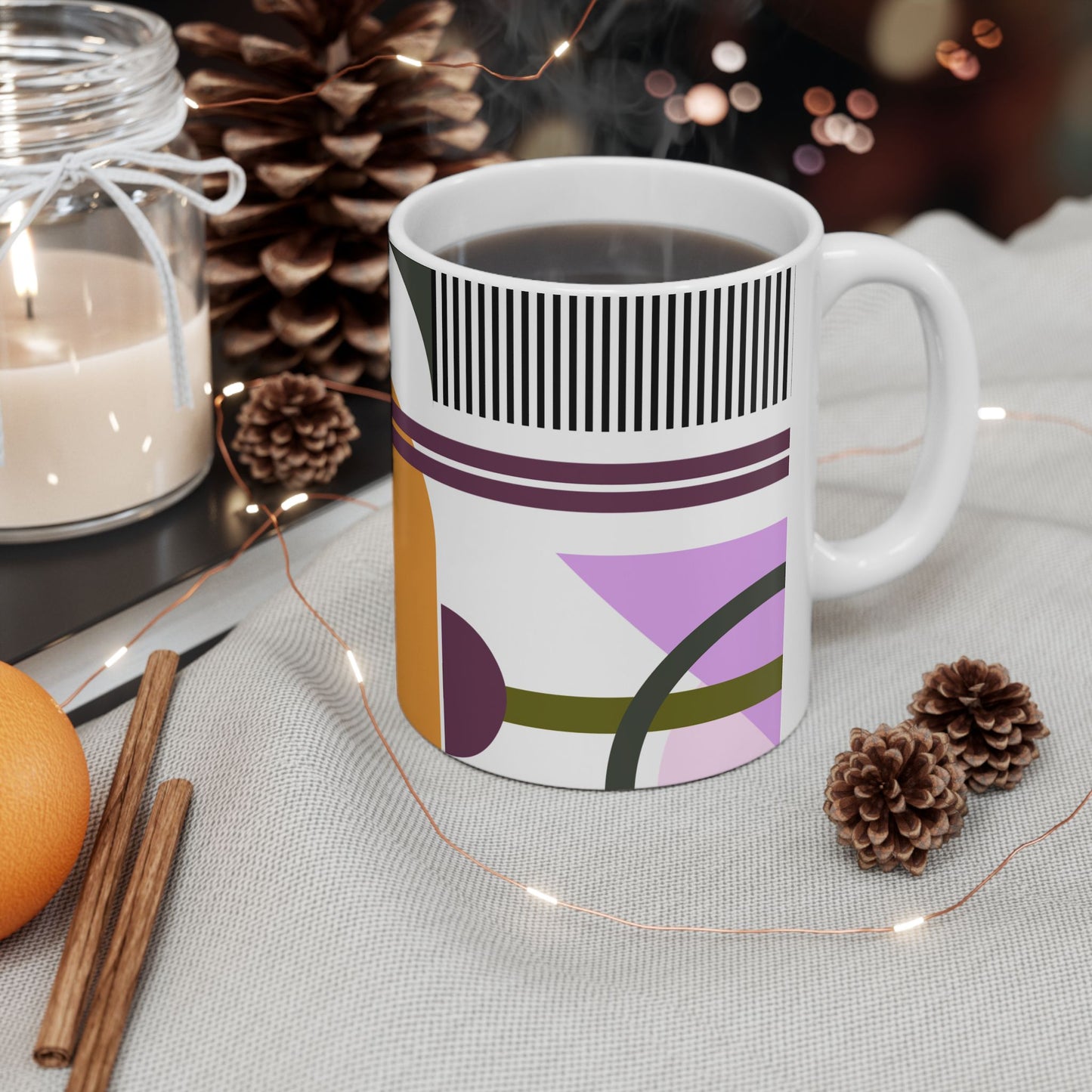Playful Geometric Abstract Coffee Mug | Lavender & Olive Green Art Mug | Modern Graphic Kitchenware | 11 oz Mug