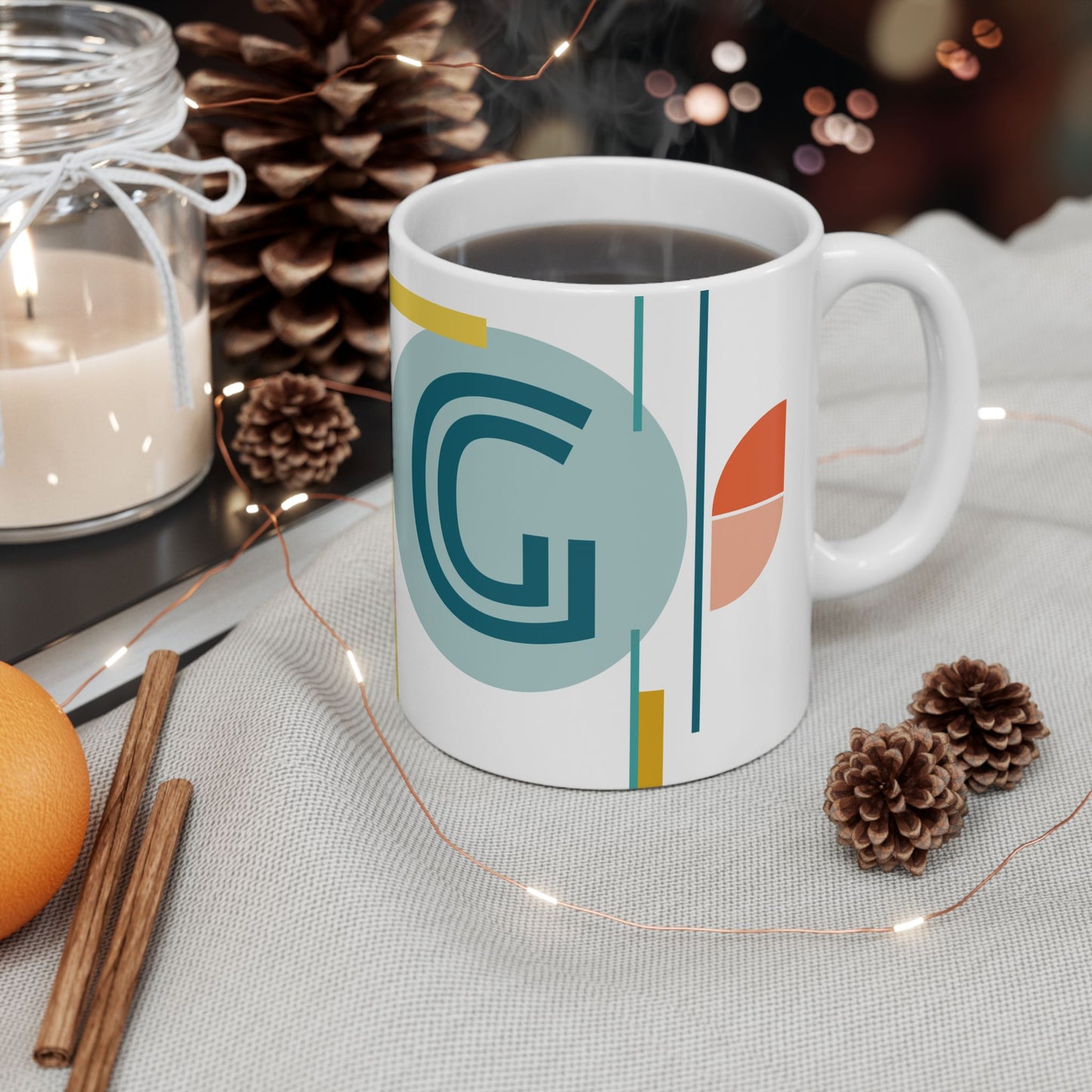 "G" Geometric Composition – Bauhaus Abstract Monogram Mug | 11 oz Mug