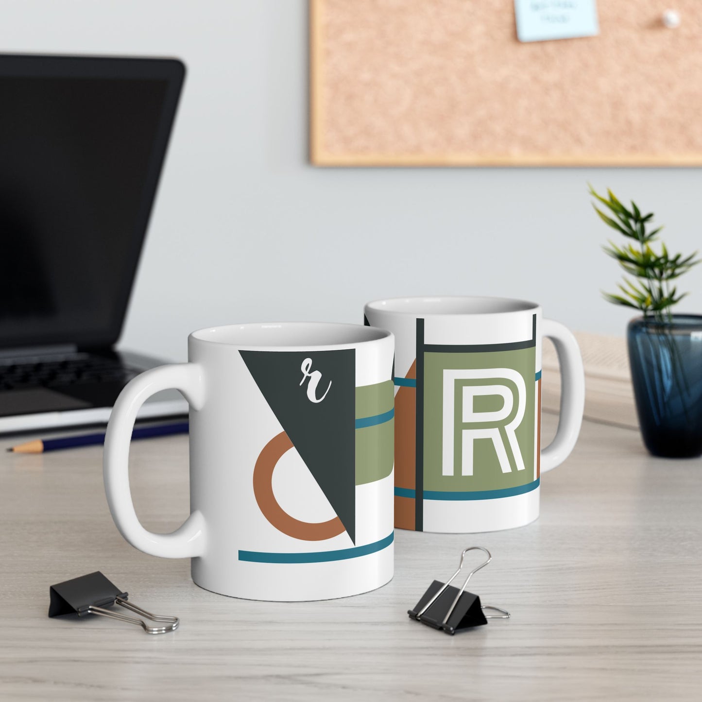 "R" Mid-Century Modern Geometry Mug – Abstract Monogram Bauhaus Design | 11 oz Mug