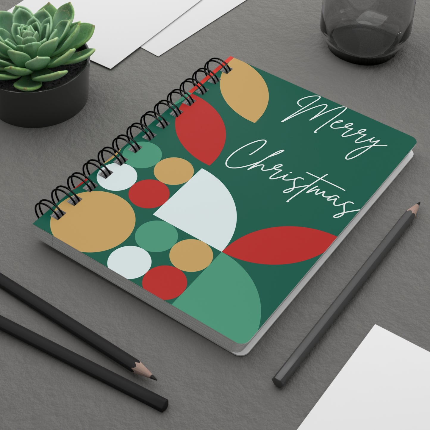 Modern Abstract Merry Christmas Notebook | Geometric Holiday Planner | Contemporary Green and Gold Christmas Journal | Designer Christmas Gift | Stylish Notebook for Creative Writing, Sketching, Gift for Artists, Minimalist Stationery