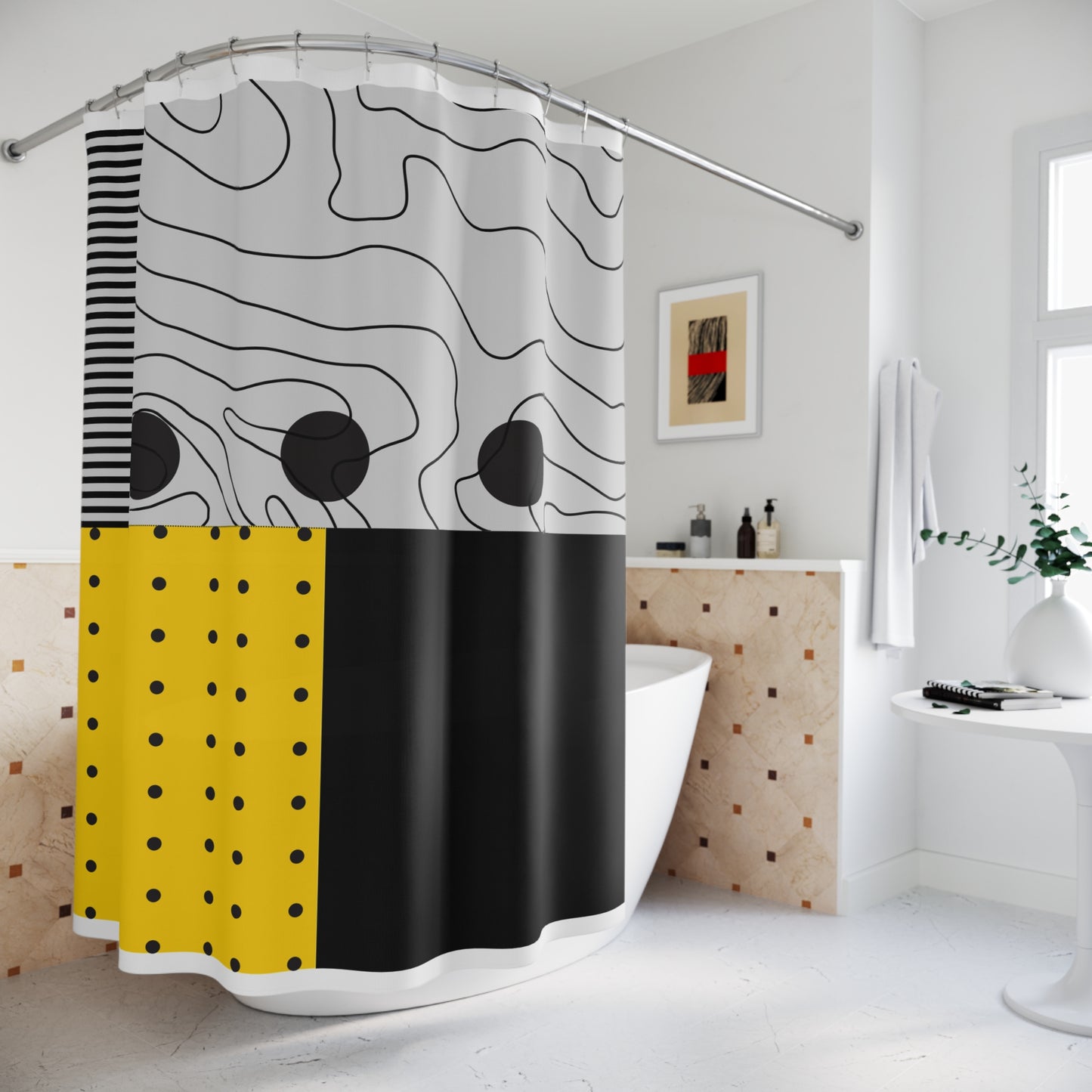 Modern Memphis-Style Shower Curtain – Yellow, Gray & Black Graphic Blocks