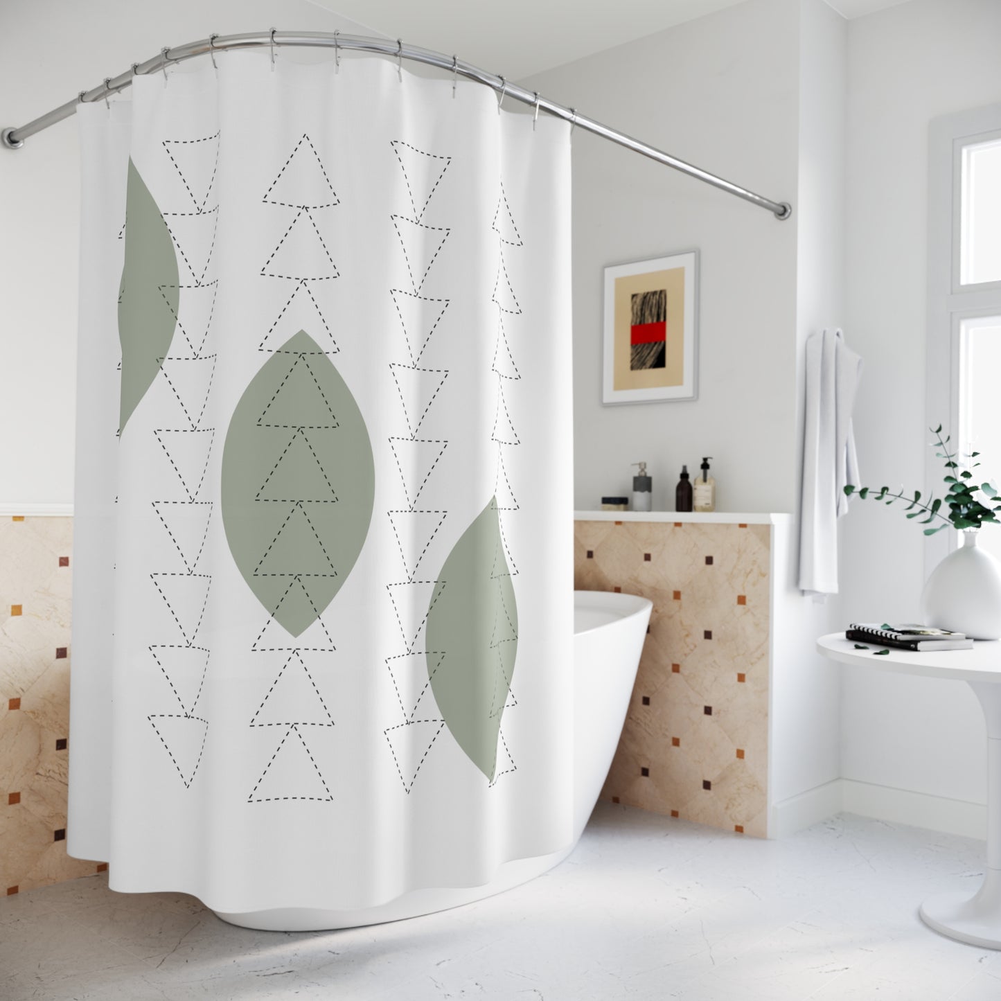Minimalist Botanical Shower Curtain – Olive Green Leaves & Triangle Texture