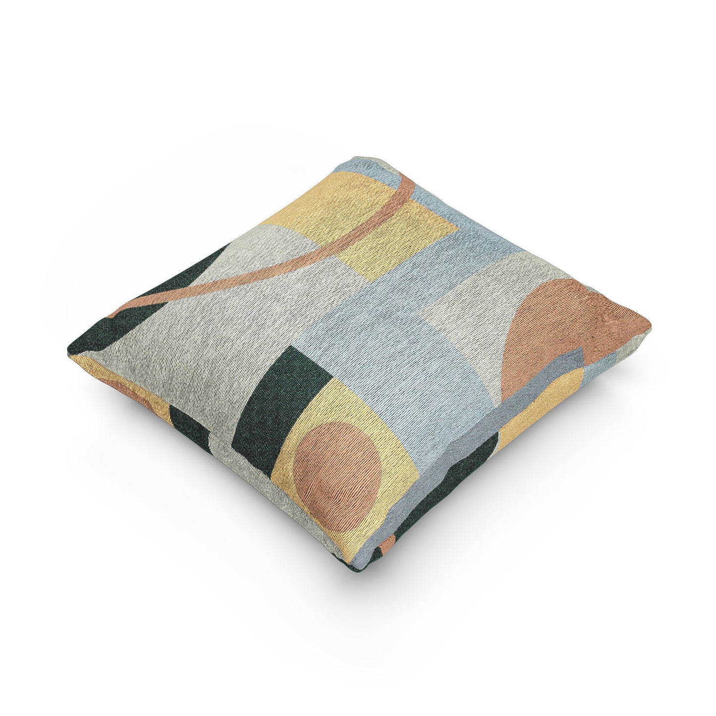 Minimalist Woven Geometric Throw Pillow | Abstract Mid-Century Circles & Squares Cushion | Soft Blue & Gold Decor