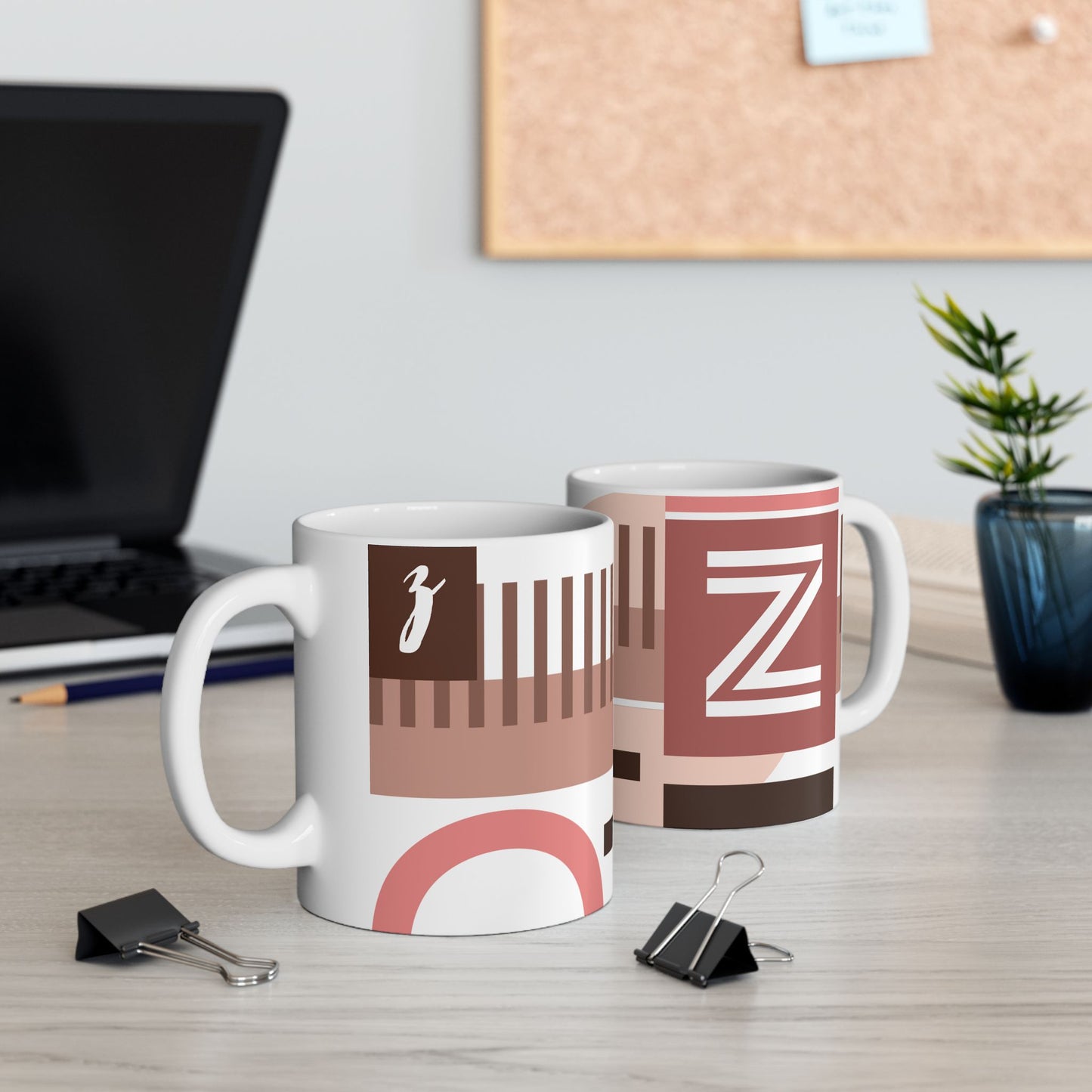 "Z" Geometric Grid – Terracotta & Espresso Abstract Monogram Mug | 11 oz Mug