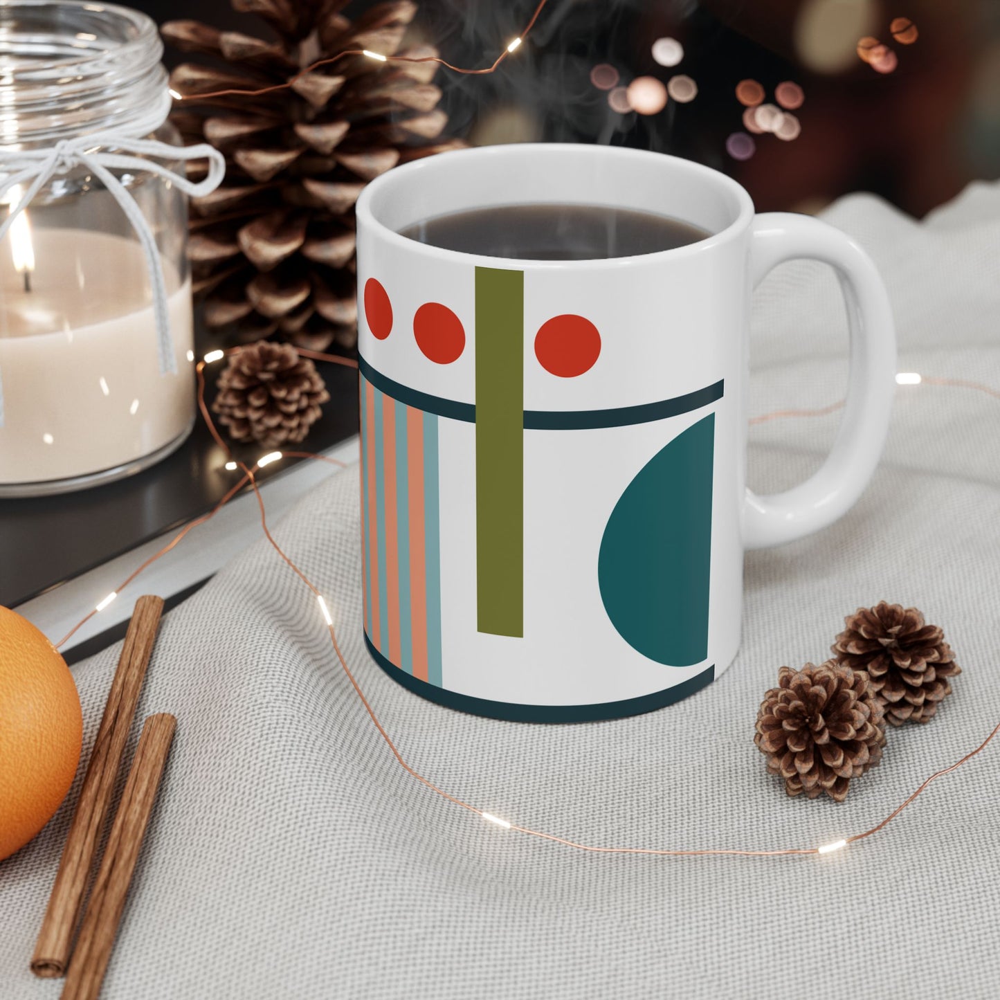 Bold Geometry Mug – Circles & Stripes in Mustard & Teal | 11 oz Mug